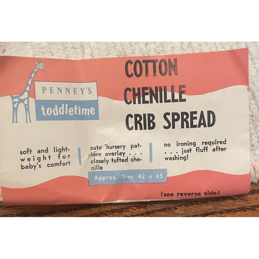 Vtg Chenille Baby Blanket Pink Kitty Blue Bibs 42” X 65” New Crib Spread - Picture 2 of 10